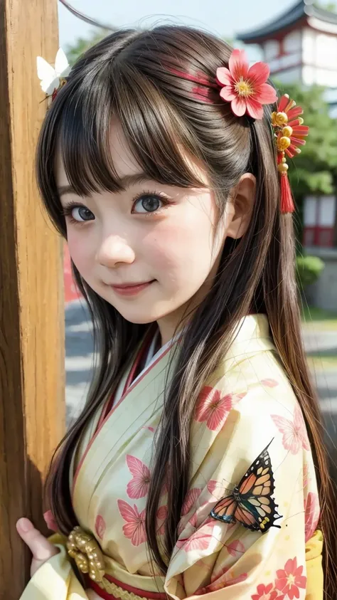  Shrine of Japan 、Girl in Kimono、 Shichikosan Celebration 、Chibi、 smiley pose  、  High Detail Eyes 、Full painted 、 flower hair ornaments、butterfly hair ornament