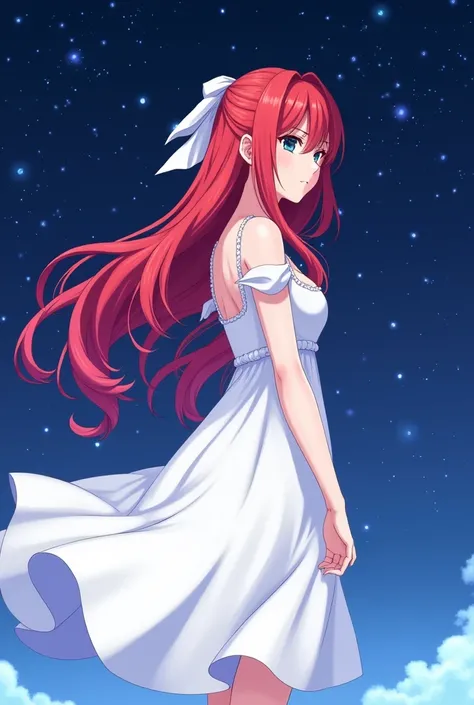  with red hair on her back wearing a white dress with a ribbon in her hair and a constellation of stars in the background,  anime style