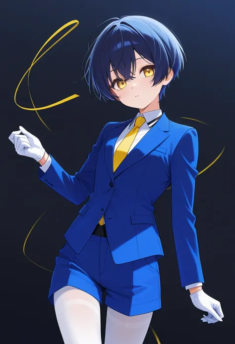 short hair, dark blue hair, blue suit, blue shorts, yellow necktie, white pantyhoses, black striped pantyhoses, yellow eyes, white gloves, solo