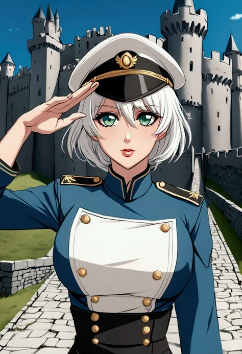 Soldier girl, short white hair, big boobs, green eyes, lipsrick, military blue uniform, mini skirt, black skirt, salute pose, castle fortress 