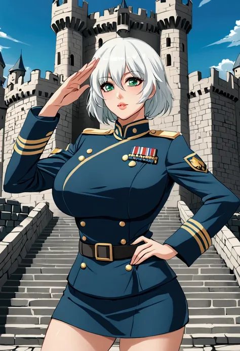 Soldier girl, short white hair, big boobs, green eyes, lipsrick, military blue uniform, mini skirt, black skirt, salute pose, castle fortress 