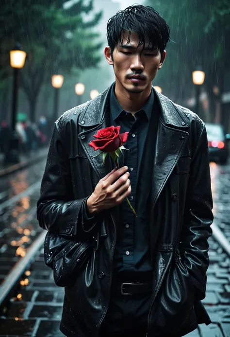 in the cold rain，Man holding withered rose in hand，Gloomy eyes， and strong，His figure looked particularly  and desperate。The rain beat down on him mercilessly，But it couldn&#39;t wash away the pain and despair in his heart。His eyes are empty and numb，It se...