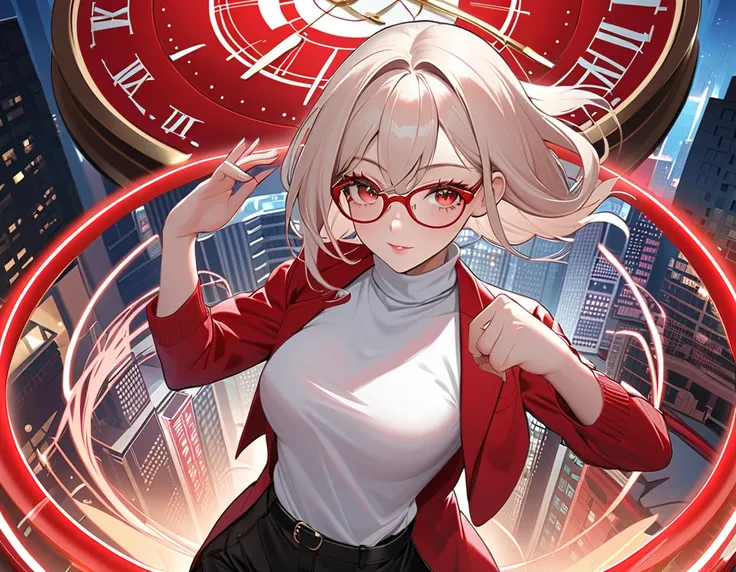 1girl, turtleneck tanktop, glasses, metropolitan city, red and white, clock magic, powerfull, flash