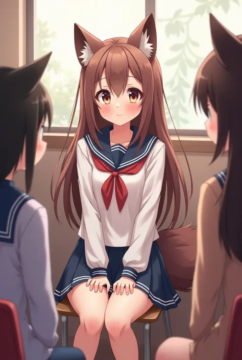 Half furry anime female adult in schoolgirl uniform sitting on a chair with his friends