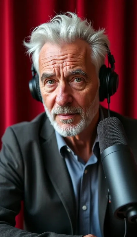 A very realistic image: a 50-year-old white-haired man with a large earpiece in his ear and the microphone in front of him the podcast-style image has the red curtain