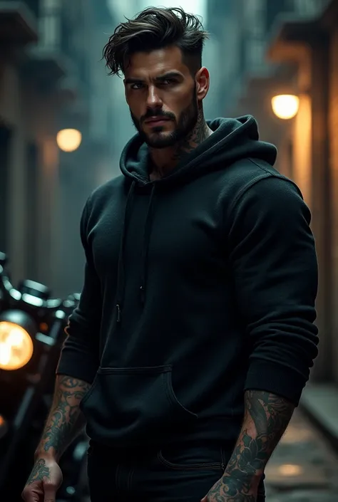 male young, brown eyes, light beard, black hair, wearing a black hooded sweater, tattoos on his hands, his neck, muscular,dark aura,  standing in a dark alley in front of a motorcycle, at night
