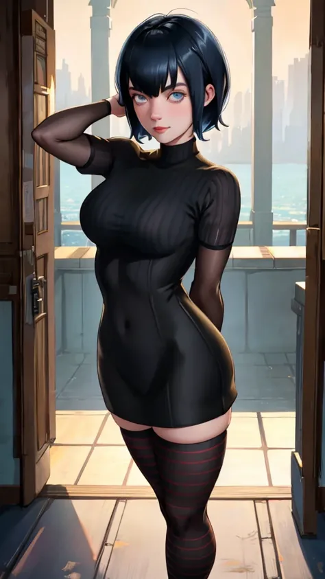 Billie Eilish, Mavis cosplay, sexy smile, looking at viewer, arms behind back, A stunning intricate full color portrait of 20 years old sks woman short black hair, Short bob cut, black dress, Striped socks, epic character composition, (highly detailed skin...