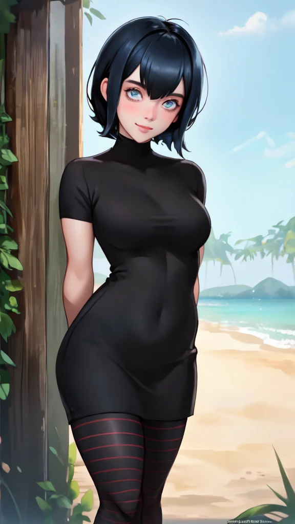 Billie Eilish, Mavis cosplay, sexy smile, looking at viewer, arms behind back, A stunning intricate full color portrait of 20 years old sks woman short black hair, Short bob cut, black dress, Striped socks, epic character composition, (highly detailed skin...