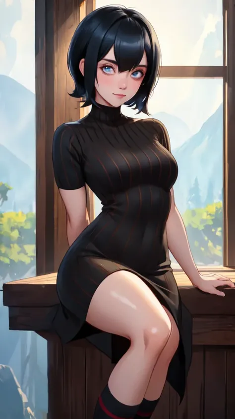 Billie Eilish, Mavis cosplay, sexy smile, looking at viewer, arms behind back, A stunning intricate full color portrait of 20 years old sks woman short black hair, Short bob cut, black dress, Striped socks, epic character composition, (highly detailed skin...