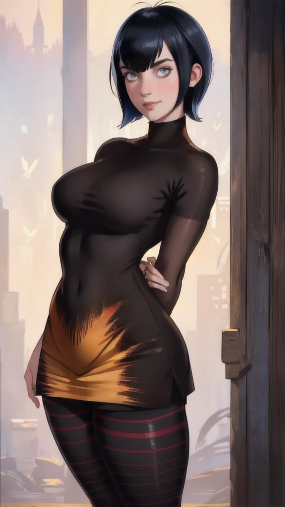 Billie Eilish, Mavis cosplay, sexy smile, looking at viewer, arms behind back, A stunning intricate full color portrait of 20 years old sks woman short black hair, Short bob cut, black dress, Striped socks, epic character composition, (highly detailed skin...