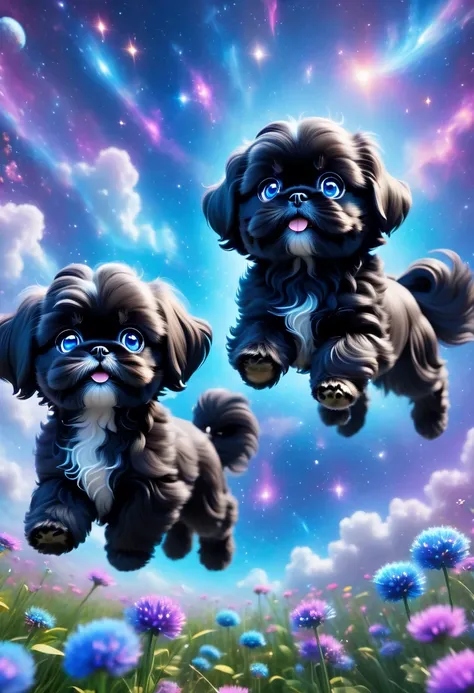 2 adorable black shih tzu puppies with blue eyes, 3D, Pixar Style, Infinite Dreamlike Illustration, Gliding through the Vast Expanse of Space, Surrounded by a Nebula Galaxy and a Beautiful Asteroid Belt. (best quality,4k,8k,highres,masterpiece:1.2),ultra-d...