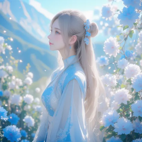 A stunningly photorealistic scene of a serene young asian woman standing gracefully amidst a lush, vibrant garden of blue and white flowers in full bloom. The woman is wearing a traditional East Asian-inspired hanfu dress in white and sky blue, adorned wit...