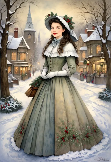 A Victorian Christmas. Pretty Lady. snow, tree. town. Sutton Foster. In The Style Of Brian Froud And Joe Sutphin