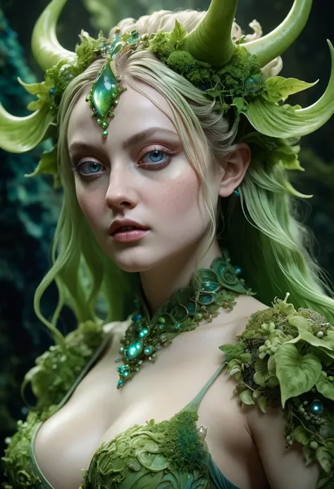 Looks like Dakota Fanning, Closeup of a sexy busty Surreal moss Elf with pointy ears in the styles of Ernst Haeckel, Arthur Rackham, Roger Dean, Jeff Wall, by Wolfgang Tillmans, Brooke Shaden $etching drawing illustration$ resin
detailed matte painting, de...