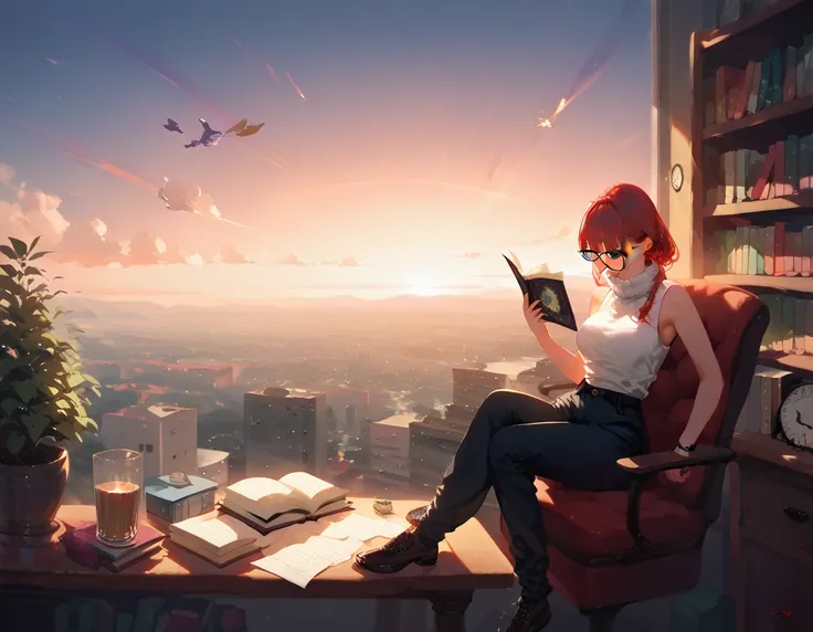 1girl, turtleneck tanktop, glasses, metropolitan city, red and white, clock magic, powerfull, flash, many flying book and paper 