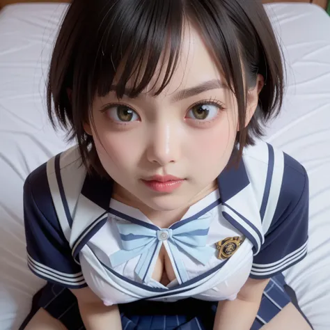 ( top quality), (masterpiece), highly detailed,  super high resolution, Rukasarashina with black hair and short hair and brown eyes , She was hugged by me in bed, faced up close to her face in a simple schoolgirl uniform, straddled my crotch skirt, dropped...