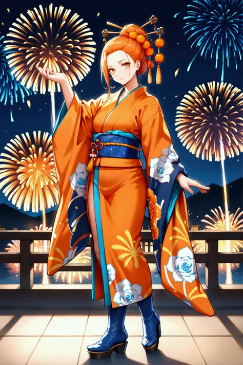  full-length girl , square,  left half of the head is blue,  right orange , left eye blue , right eye orange ,  in a two-color kimono ,  in blue and orange , Half,  sexy body ,  with high boots of different colors, left blue ,  right orange ,  stands again...