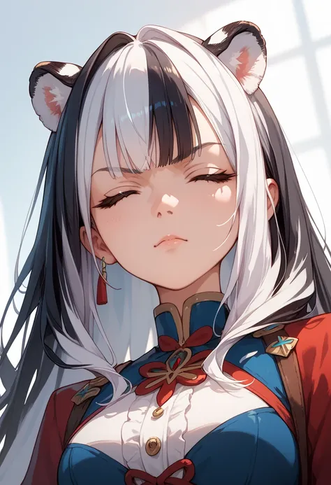 ((masterpiece)), anime style, 1girl, long hair, white hair, black hair, multicolored hair, white tiger ears, white tiger tail, closed eyes, strict mommy, looking down at viewer, dominating, stern look, higher than viewer.