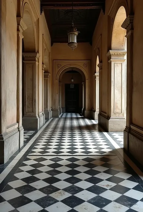 Floor with black and white tiles in a perspective in an ancient living room 