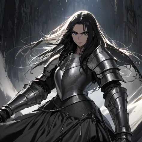 A tall warrior woman with long black hair, fair skin, dark eyes, Silver armor medieval, silver bracelets, a black spear, serious look, lighting, bright eyes