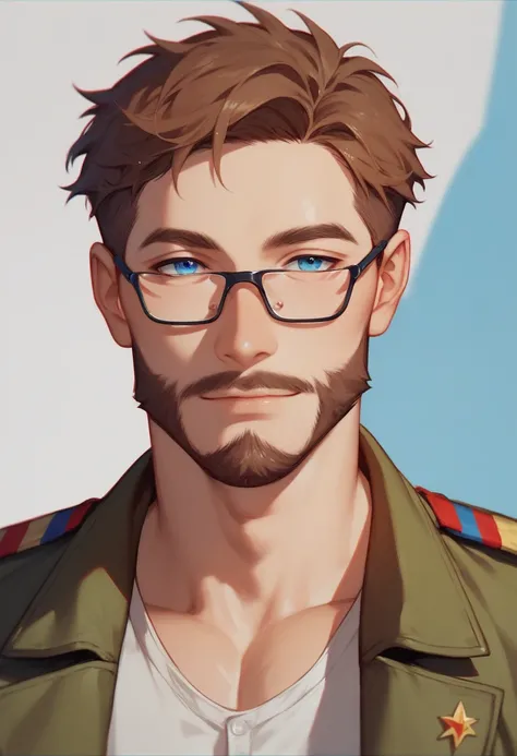 Anime stule. Ukrainian military men brown hair with glasses and beard hugs girl brown hair and blue eyes