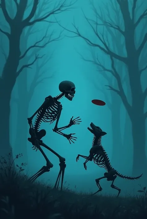 A  skeleton, throwing a frisbee to a skeleton dog, dsrk atmospher, dark blue colors, fog, 