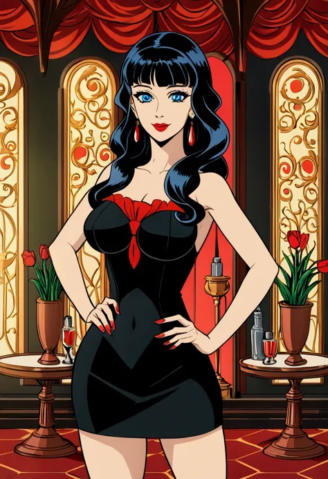 score_9, score_8_up, score_7_up, zPDXL, Thornhex, black hair, red highlights , SD90style, retro artstyle, source_cartoon, 2D, 1girl, red nails, blue eyes, red lips, black dress, long hair, looking at viewer, breasts, lipstick, makeup, full_ body, smile, ha...