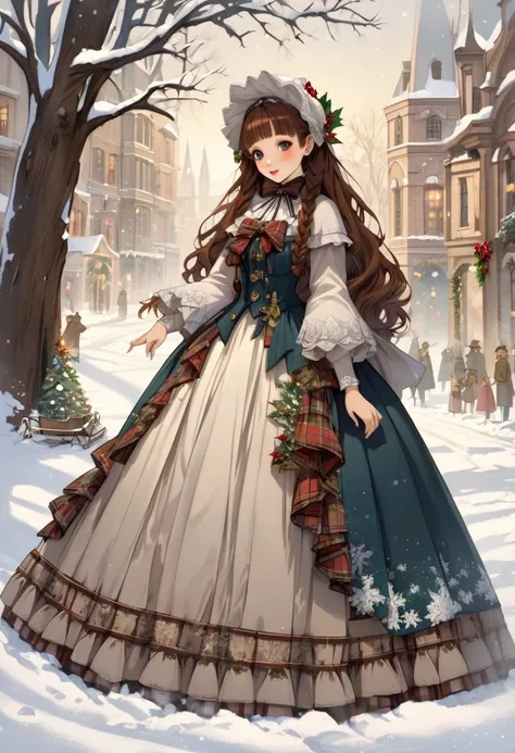 A Victorian Christmas. Pretty Lady. snow, tree. town. Ariana Grande. In The Style Of Brian Froud And Joe Sutphin