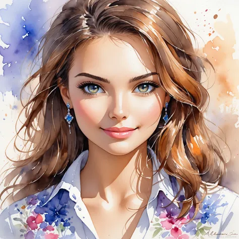 watercolor painting,  A young beautiful girl of 25 years old with a slight smile on her face, portrait,  high detail , business style  . vibrant, beautiful, painterly, detailed, textural, artistic, art work by Alexander Averin , 