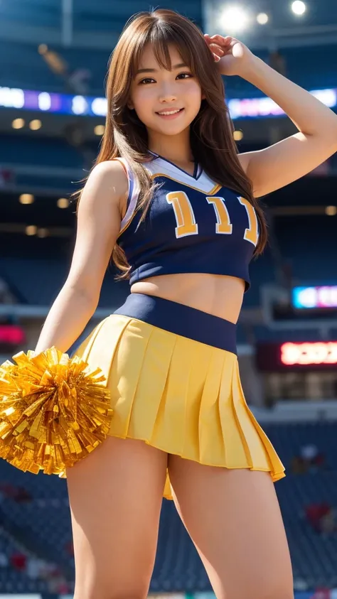 a beautiful cheerleader with long brown hair,japanese female,a cute face,and a big smile,wearing a sports uniform with a very short pleated mini skirt,holding large pompoms in both hands,posing in a stadium background,with highly detailed anatomy,realistic...