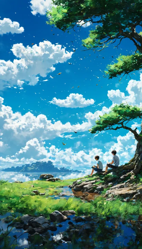 a boy sitting under a large tree near a cliff ,leftovers from the tree , watching a vast blue sky with fluffy white clouds and bright edges and brushstrokes , tall grasses stones , , makoto shinkai cyril rolando, anime art wallpaper 4k , anime art wa...