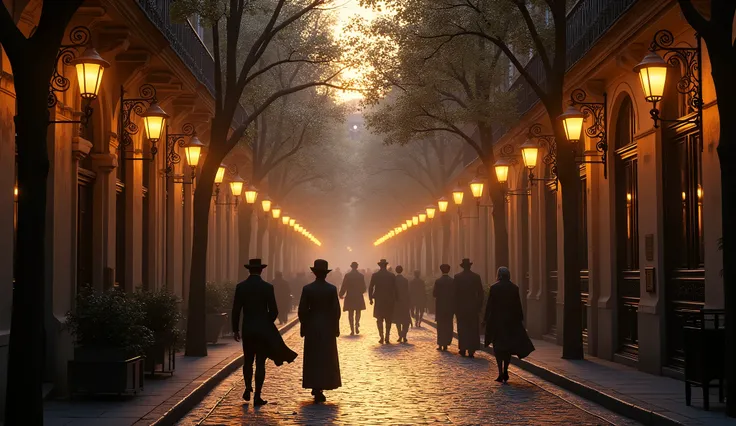  a 1700 street in Paris , Evening scene ,  lamp lights make beautiful lighting