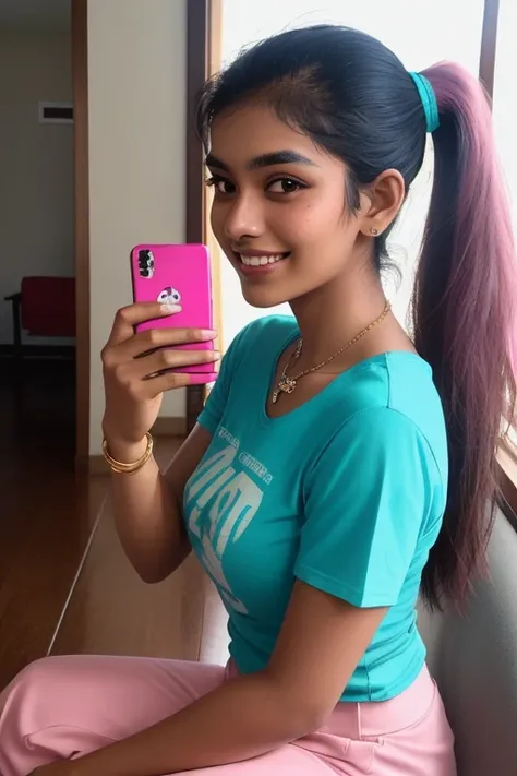 ((self-taken photo)), natural colors, ((selfie photo)), of a 22-year-old Sri Lankan woman named Kasuni, (dark long ponytail hair), dark fair skin, black eyes, feminine features, iPhone, mobile quality, mobile focus, tack smooth, Instagram filter, TikTok fi...