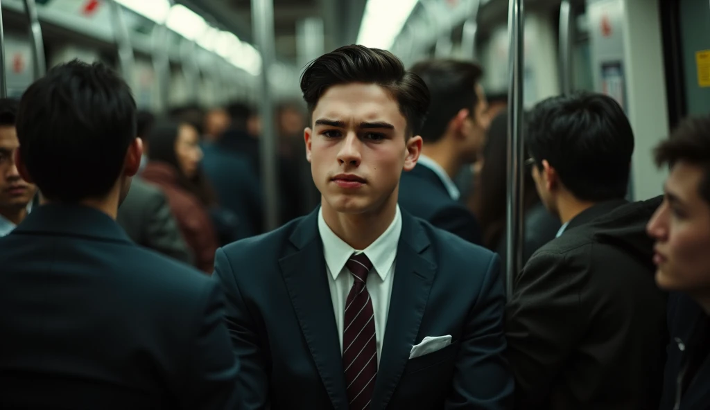 Young adult in a suit and tie sitting on a crowed wagon on the subway in New York City, slickback hair cut, cinematic, film lighting