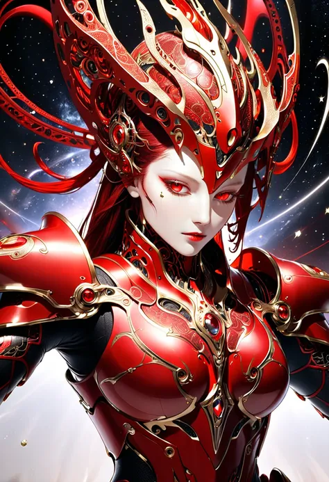 a highly detailed close up of a deity with a red and black biomechanical body, black and red void space, exquisite mix of magic and science, red biomechanical details, gold tracing around some armor pieces, great character design, red biomechanical details...