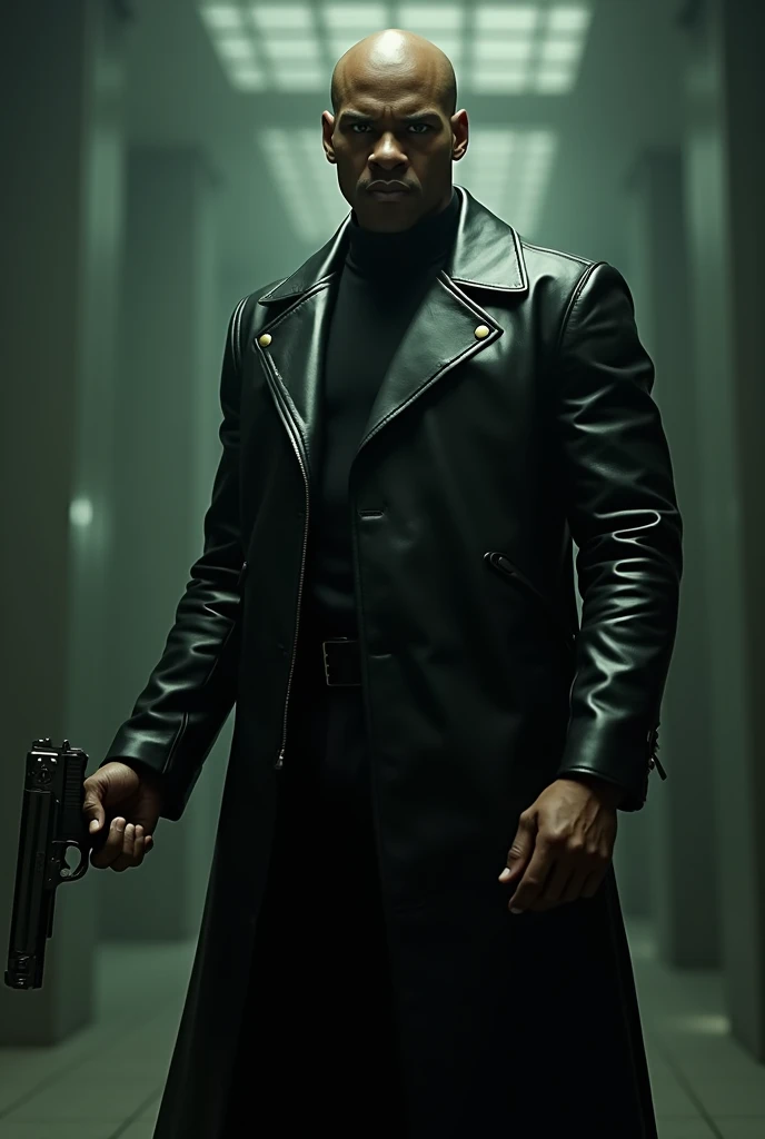 Full body shot of Laurence Fishburne as Morpheus pointing a gun you