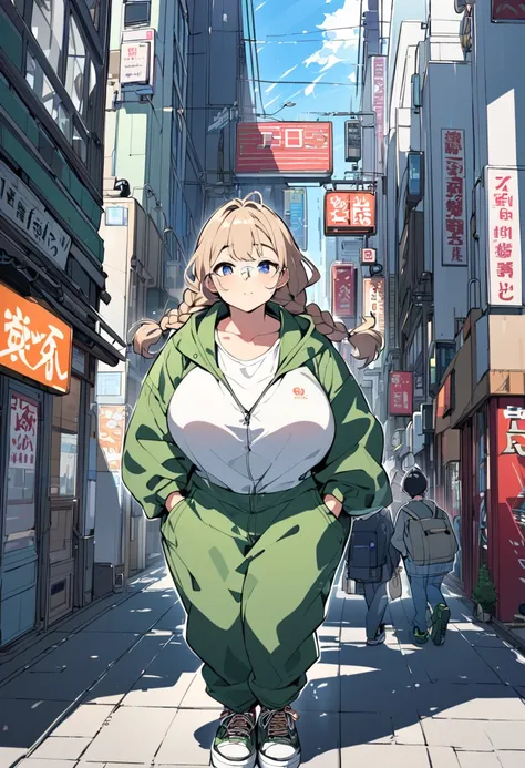 Full body shot of an adult-like, 20-year-old Japanese girl with long, light brown hair styled in twin braids, wearing an oversized, forest green hoodie with the hood pulled down, large, round, clear-framed glasses perched on her nose, a pair of medium-wash...