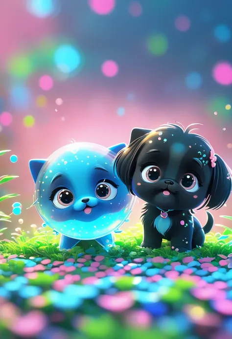 ( 2 adorable black shih tzu puppies with blue eyes, 3d, Pixar Style, 8k Masterpiece , :1.2),  Fisheye lens :1.4， Several cats in the foreground on a pink background ,  Cute numbers 艺术,  Beautifully detailed digital art ,  high resolution 8K illustration wa...