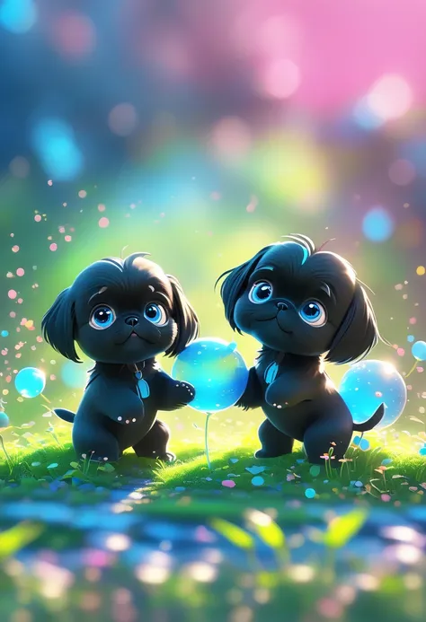 ( 2 adorable black shih tzu puppies with blue eyes, 3d, Pixar Style, 8k Masterpiece , :1.2),  Fisheye lens :1.4， Several cats in the foreground on a pink background ,  Cute numbers 艺术,  Beautifully detailed digital art ,  high resolution 8K illustration wa...