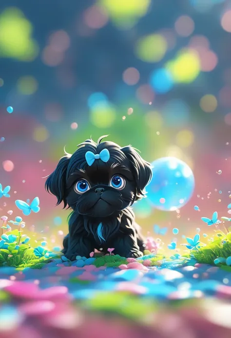 ( 2 adorable black shih tzu puppies with blue eyes, 3d, Pixar Style, 8k Masterpiece , :1.2),  Fisheye lens :1.4， Several cats in the foreground on a pink background ,  Cute numbers 艺术,  Beautifully detailed digital art ,  high resolution 8K illustration wa...