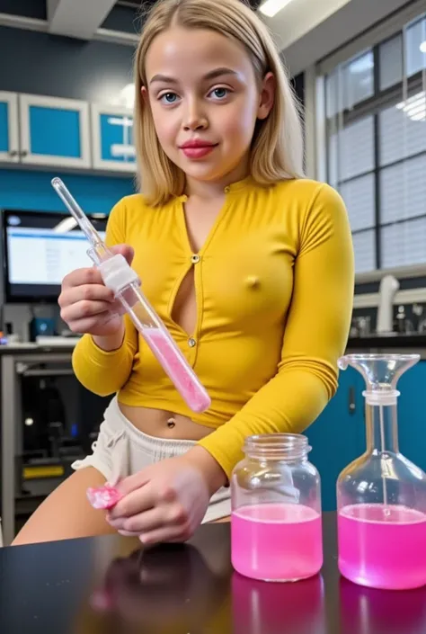 Realistic photograph of a cute pre teen blonde girl  in a lab, wearing shorts and a yellow blouse, she is mixing pink liquid, vials, glowing pink liquid, the chemicals just gave her mega nipples, super long hard nipples covered by her top, nipple pokies, h...