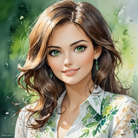 watercolor painting, A young beautiful woman of 25 years old with a slight smile on her face,  brown hair color , portrait of a brunette,  high detail , business style ,  dark green eyes . vibrant, beautiful, painterly, detailed, textural, artistic, art wo...