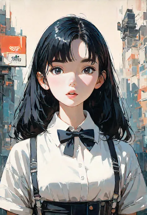 (masterpiece, best quality:1.2), 1 girl, unique, flowing black hair, white button-down shirt, bowtie, suspenders, vintage, retro poster, old album cover, citypop, retro filter