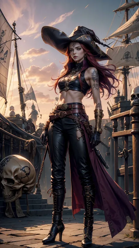 (((full body))), Top quality, Intricate details , (Fine skin, Shiny skin, Shiny hair, Pale complexion), Purple sky, golden time, Sunset, Sail ships, Pirate ship, ((Skull mark on flag)), Ambitious, Seductive Woman, Red hair, Long hair, Hair fluttering in th...