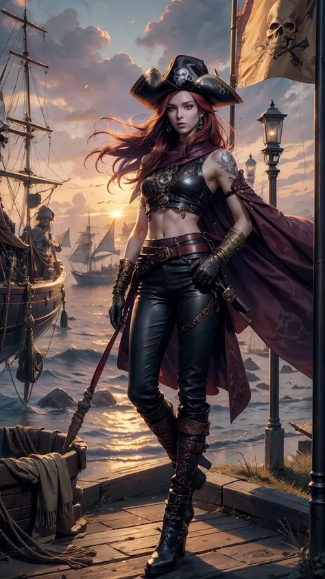 (((full body))), Top quality, Intricate details , (Fine skin, Shiny skin, Shiny hair, Pale complexion), Purple sky, golden time, Sunset, Sail ships, Pirate ship, ((Skull mark on flag)), Ambitious, Seductive Woman, Red hair, Long hair, Hair fluttering in th...