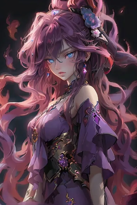 A young woman with long purple and red hair, large blue eyes, purple eye contour, black painted lips, important: seen from a low angle, enveloped in flames, surrounded by a luminous and ethereal atmosphere.