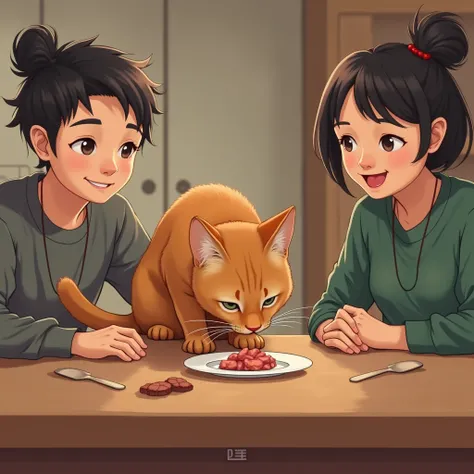   Brown cat eat food On table with two person 