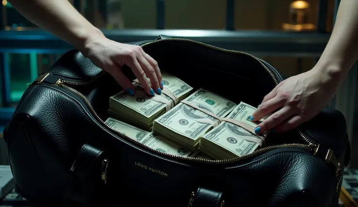 Close-up of a neatly banded stack of $100 bills being placed into the open **Louis Vuitton Keepall Bandoulière 55 duffle bag**, which overflows with more bundles of cash. The platinum blonde model’s fair-skinned hand, with its cobalt blue manicure, adjusts...