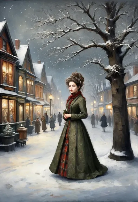 A Victorian Christmas. Pretty Lady. snow, tree. town. Peyton lee. In The Style Of Brian Froud And Joe Sutphin
