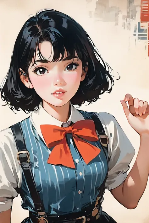 (masterpiece, best quality:1.2), 1 girl, unique, flowing black hair, bowtie, suspenders, vintage, retro poster, old album cover, retro filter, unique pose